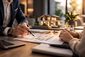Asesor inmobiliario mostrando planos de una vivienda a un cliente durante el proceso de compra en Alicante